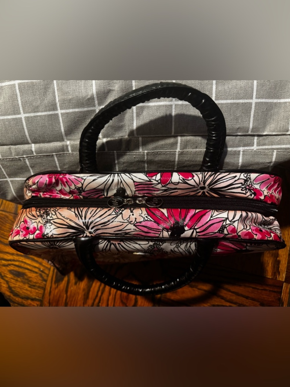 Floral Pink & White Tote Bag with Black Handles